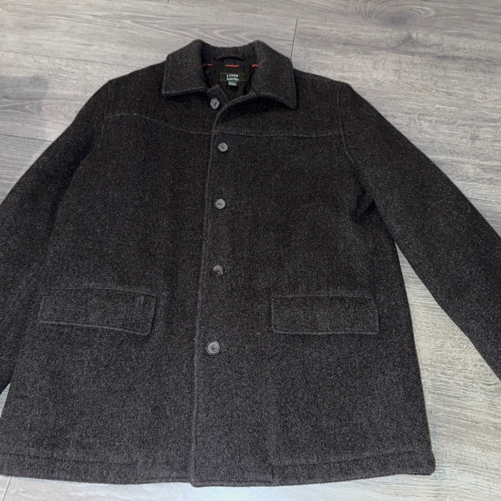 J Crew Italian Wool Button Up pea coat Men's Size L Dark Gray‎ Quilted Lining